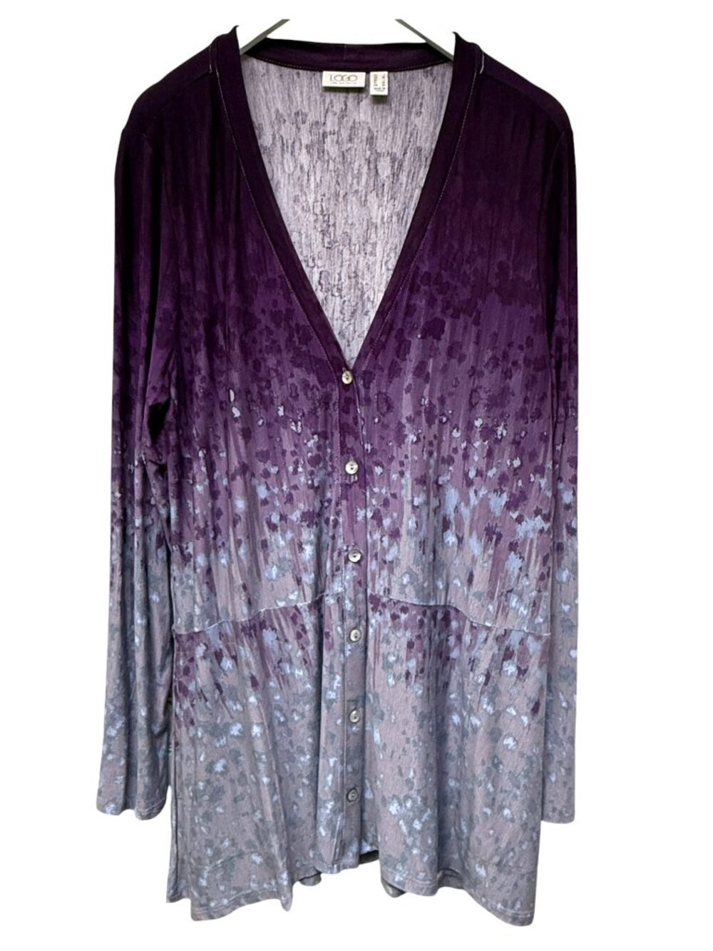 LOGO Lori Goldstein Cardigan Tee Large Purple Print Pockets Womens Top NWOT